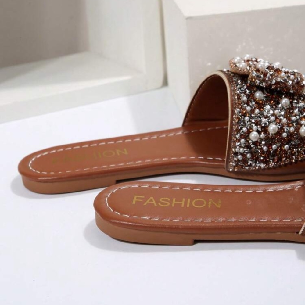 Women brown flip flop sandals rhinestones fashion slide faux pearl elegant - Picture 9 of 12